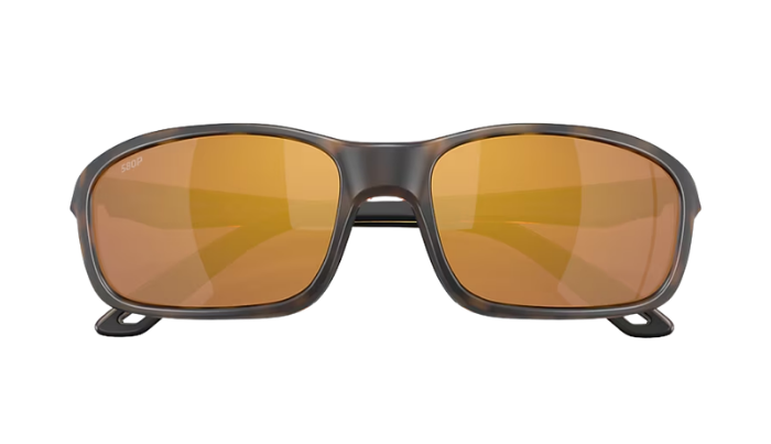 Costa Sunglasses with tortoise frame and polarized gold reflective lenses on a white background