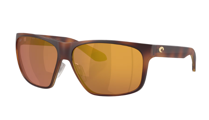 Costa sunglasses with a tortoiseshell frame and polarized gold mirror on a white background