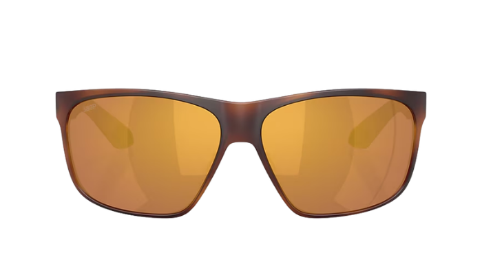 Costa sunglasses with a tortoiseshell frame and polarized gold mirror on a white background