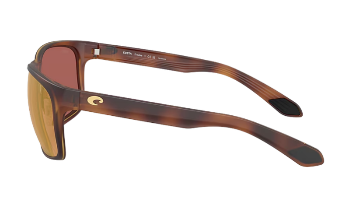Costa sunglasses with a tortoiseshell frame and polarized gold mirror on a white background