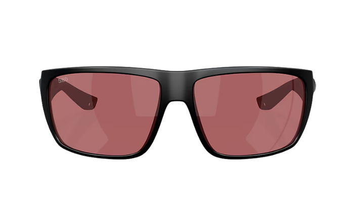 Black Costa sunglasses with rose-tinted polarized lenses on a white background