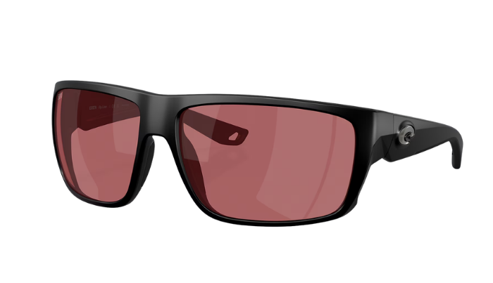 Black Costa sunglasses with rose-tinted polarized lenses on a white background