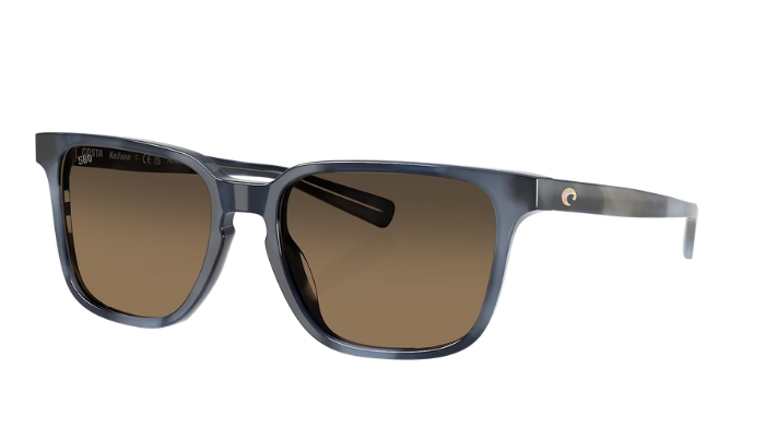 Costa Sunglasses with a blue tortoise frame and polarized copper gradient lenses on a white background