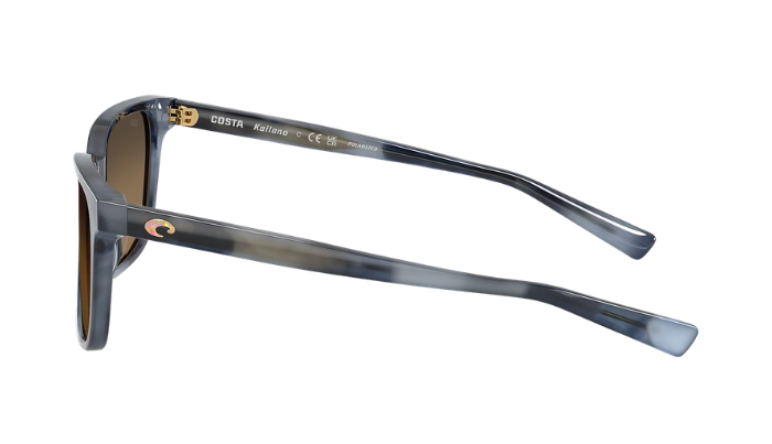 Costa Sunglasses with a blue tortoise frame and polarized copper gradient lenses on a white background