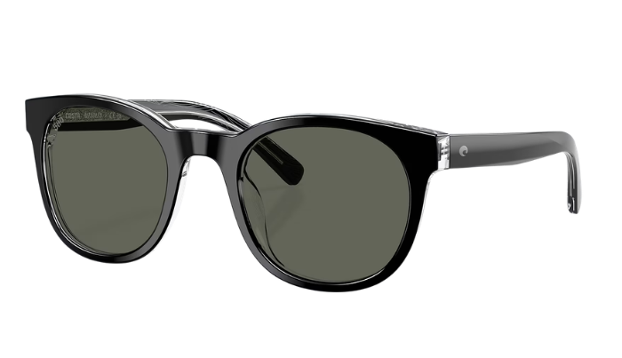 Black Costa sunglasses with polarized dark lenses on a white background