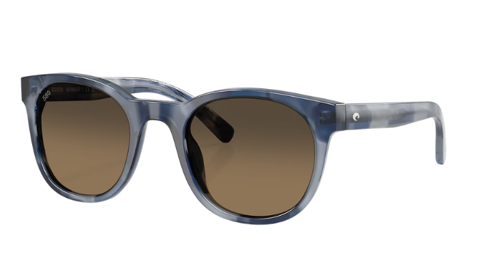Costa Sunglasses with blue frame and brown polarized lenses on a white background