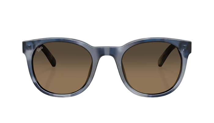Costa Sunglasses with blue frame and brown polarized lenses on a white background