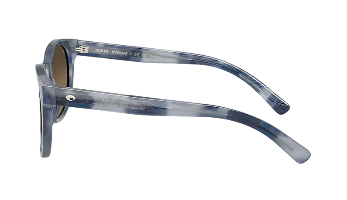 Costa Sunglasses with blue frame and brown polarized lenses on a white background