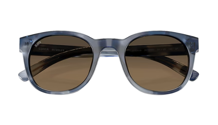Costa Sunglasses with blue frame and brown polarized lenses on a white background