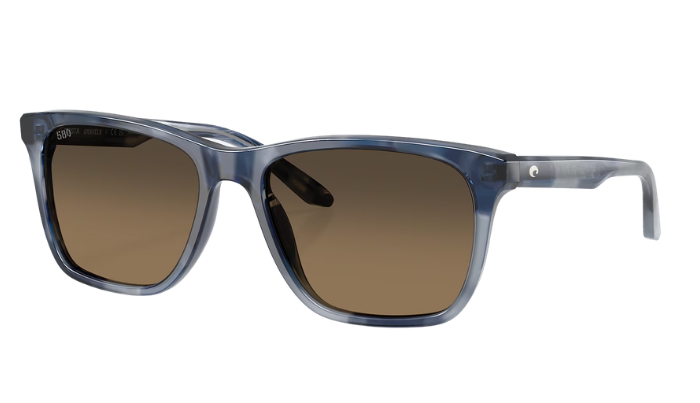 Costa Sunglasses with blue frame and brown polarized lenses on a white background