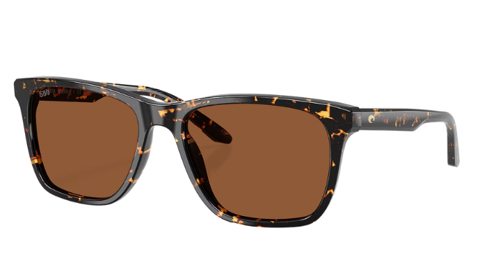 Sunglasses with tortoiseshell frame and brown lenses on a white background