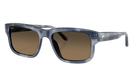 Sunglasses with a blue frame and brown lenses on a white background