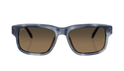 Sunglasses with blue frame and brown lenses on a white background