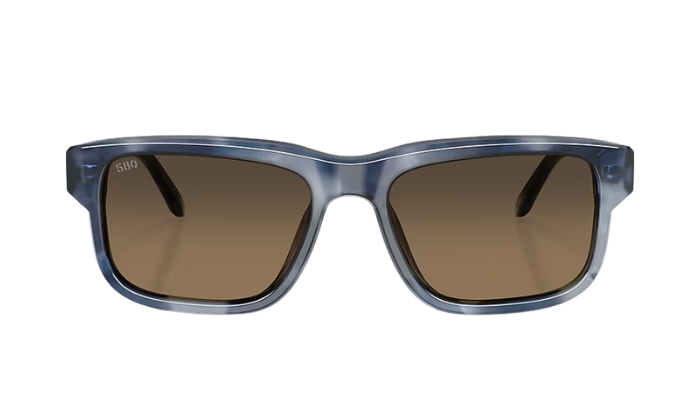 Sunglasses with blue frame and brown lenses on a white background
