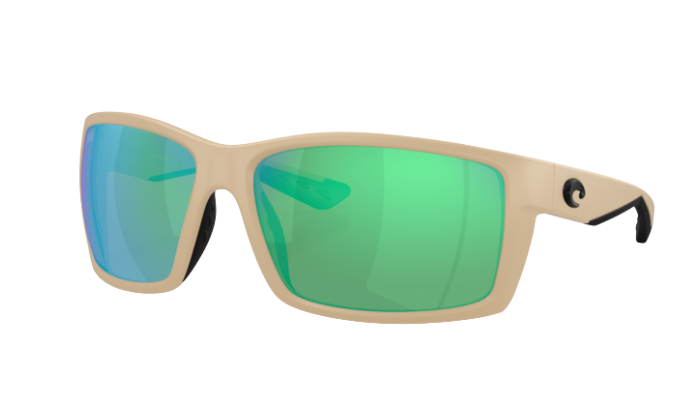 Beige Costa sunglasses with green polarized reflective lenses on a white background