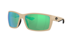 Beige Costa sunglasses with green polarized reflective lenses on a white background