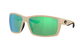 Beige Costa sunglasses with green polarized reflective lenses on a white background