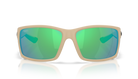 Beige Costa sunglasses with green polarized reflective lenses on a white background