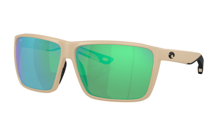 Costa sand sunglasses with green polarized reflective lenses on a white background