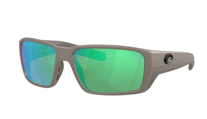 Costa Sunglasses with green polarized lenses and a matte olive frame on a white background