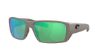 Costa Sunglasses with green polarized lenses and a matte olive frame on a white background