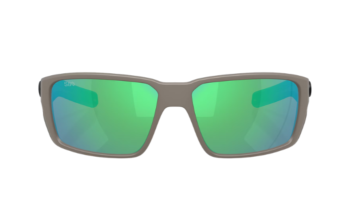 Costa Sunglasses with green polarized lenses and a matte olive frame on a white background