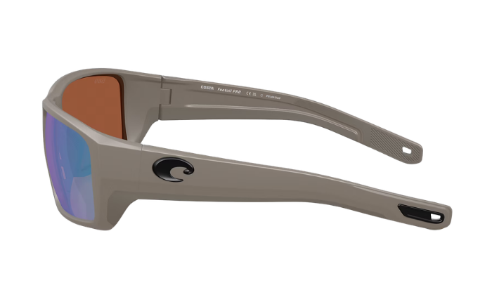 Costa Sunglasses with green polarized lenses and a matte olive frame on a white background