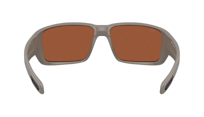 Costa Sunglasses with green polarized lenses and a matte olive frame on a white background