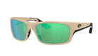 Matte sand Costa sunglasses with green polarized reflective lenses on a white background