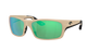 Matte sand Costa sunglasses with green polarized reflective lenses on a white background