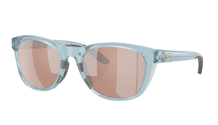 Costa Sunglasses with light blue frames and polarized copper lenses on a white background