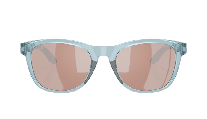 Costa Sunglasses with light blue frames and polarized copper lenses on a white background