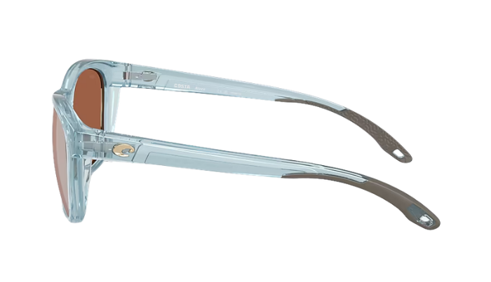 Costa Sunglasses with light blue frames and polarized copper lenses on a white background