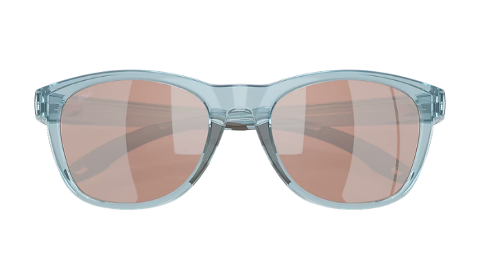 Costa Sunglasses with light blue frames and polarized copper lenses on a white background