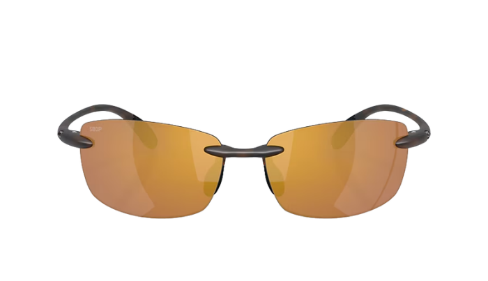Costa Sunglasses with gold polarized lenses and tortoise frame on a white background