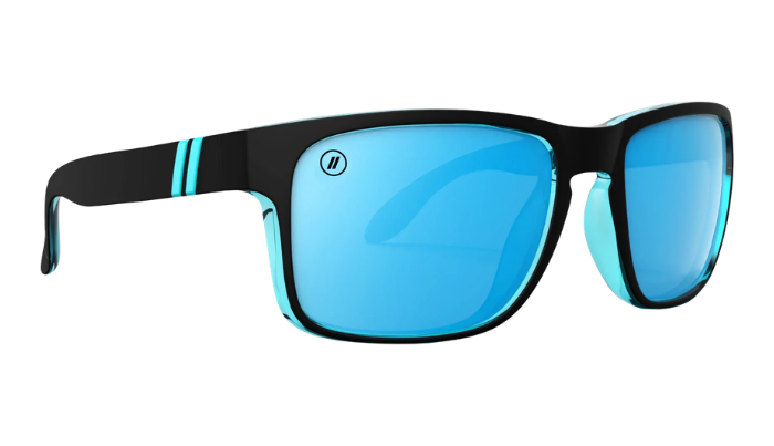 Blenders Sunglasses with black frame and blue lenses on a white background