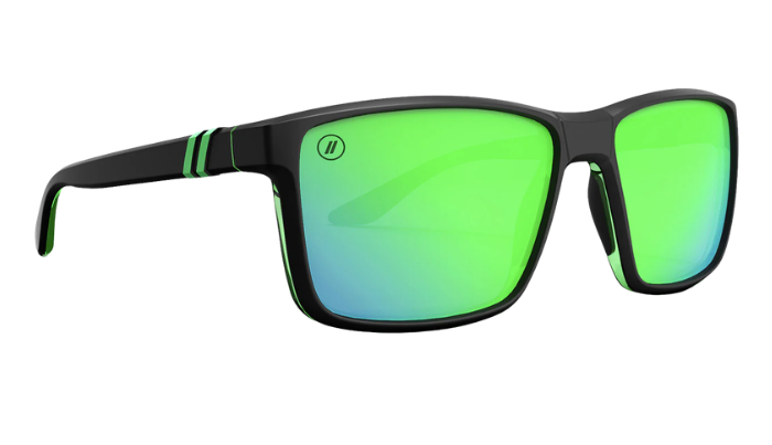 Blenders Sunglasses with green reflective lenses and black frame on a white background