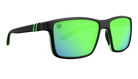 Blenders Sunglasses with green reflective lenses and black frame on a white background