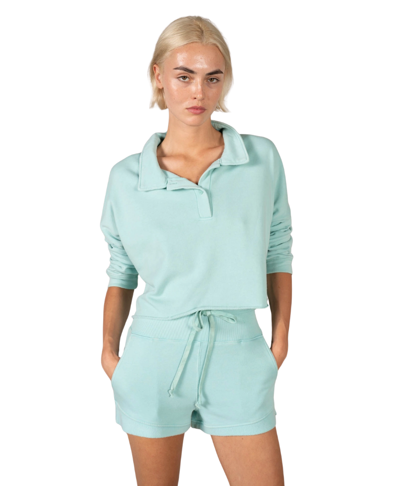 Semi-Cropped Henley Sweatshirt Set with Shorts