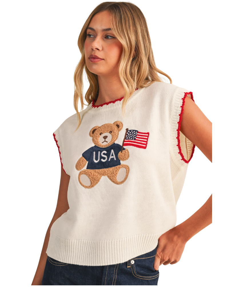 USA Flag Teddybear Sweater Vest Top