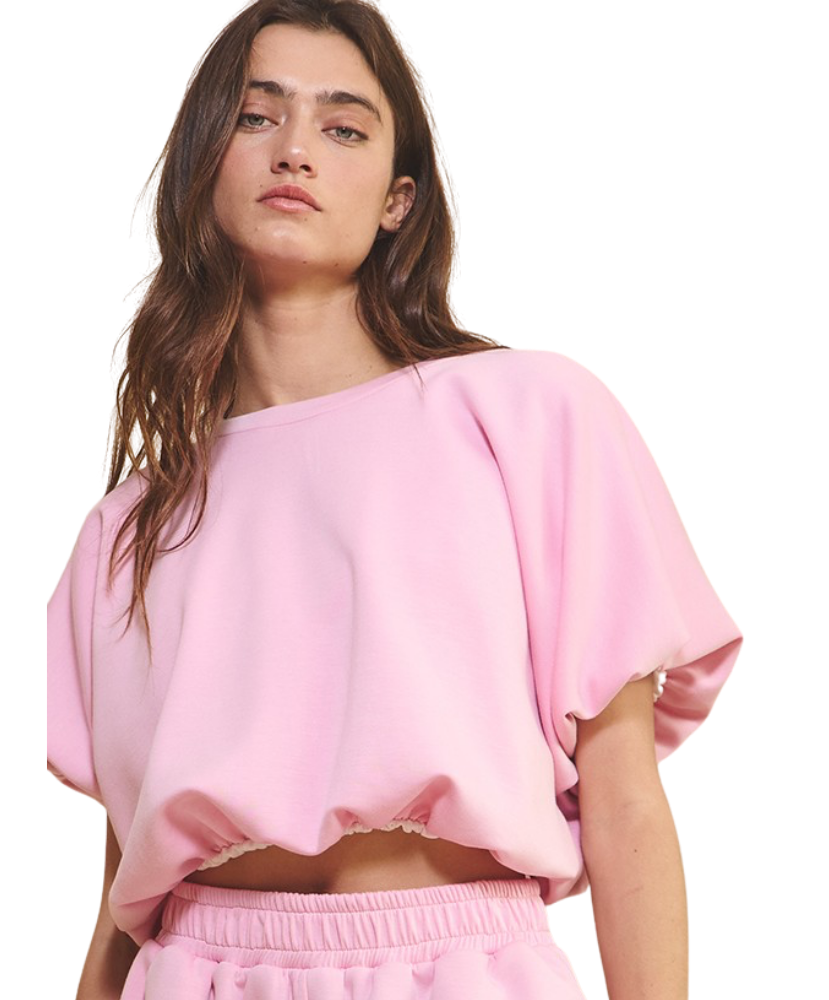 Scuba Bubble Hem and Sleeve Solid Crop Top