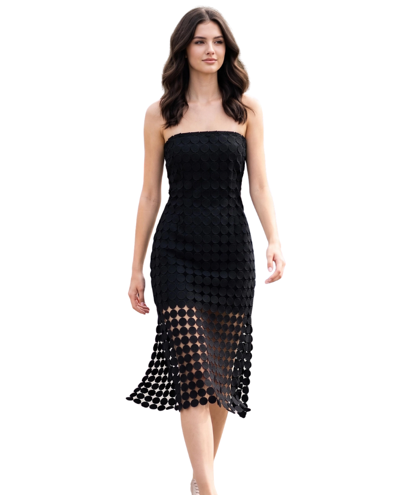 Lou Strapless Circle Lace Fringe Midi Dress