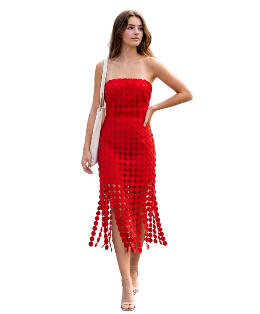 Lou Strapless Circle Lace Fringe Midi Dress