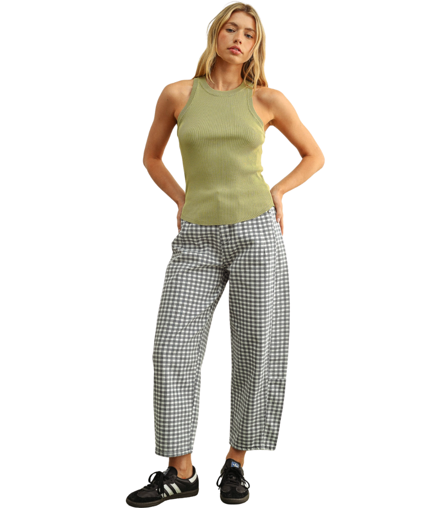 Mini Checker Pattern Barrel Pants