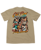 A tan crewneck t-shirt showing the back graphic, which features four cartoon animals wearing sunglasses and hats under the text 'Old Row Party Animals' in orange and yellow.