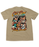 A tan crewneck t-shirt showing the back graphic, which features four cartoon animals wearing sunglasses and hats under the text 'Old Row Party Animals' in orange and yellow.