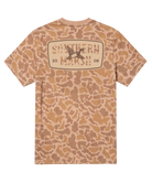 A short-sleeve t-shirt with a tan and brown camouflage pattern, featuring a large graphic on the back with the text 'SOUTHERN MARSH' and a duck hunter logo.