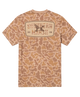 A short-sleeve t-shirt with a tan and brown camouflage pattern, featuring a large graphic on the back with the text 'SOUTHERN MARSH' and a duck hunter logo.
