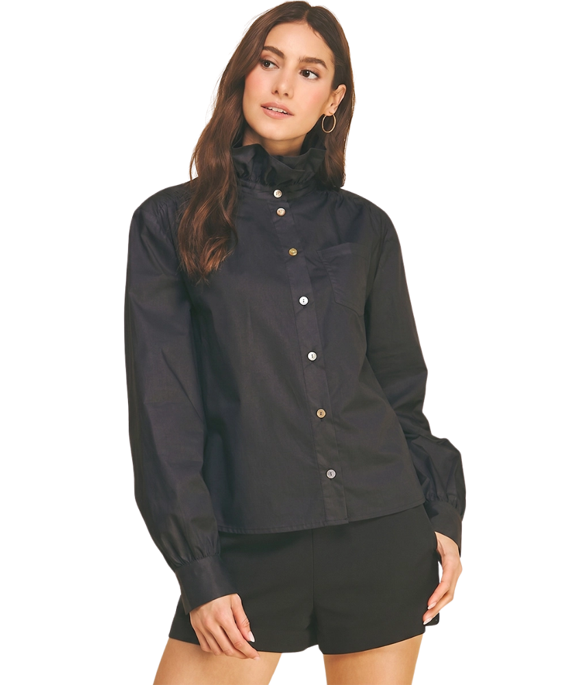 Raleigh Ruffle High Neck Button Down Shirt