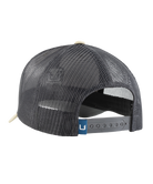 Rear view of a dark gray mesh trucker cap with a gray adjustable strap and a small blue tag featuring a white 'U' logo.